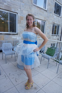 Emily Stanton '15 poses in her bubble wrap dress. Photo by Yoojihn Nam