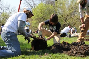 Volunteers plant trees as a part of Trees for Tomorrow. Photo retrieved from Wilson College Facebook page.